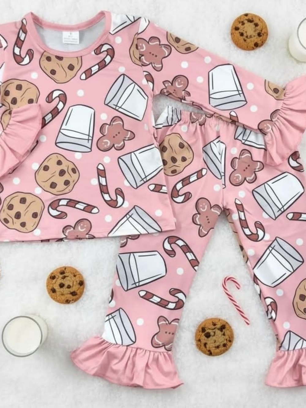 Girls Pink Cookie & Milk Holiday Ruffle Pajama Set